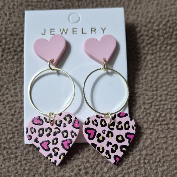 Jewelry - Pink Leopard Heart Earrings With Gold Dangle Hoop